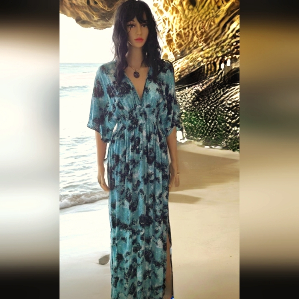 Love Stitch Kaftan Maxi Dress Beach Wear Aqua blue Black M/L